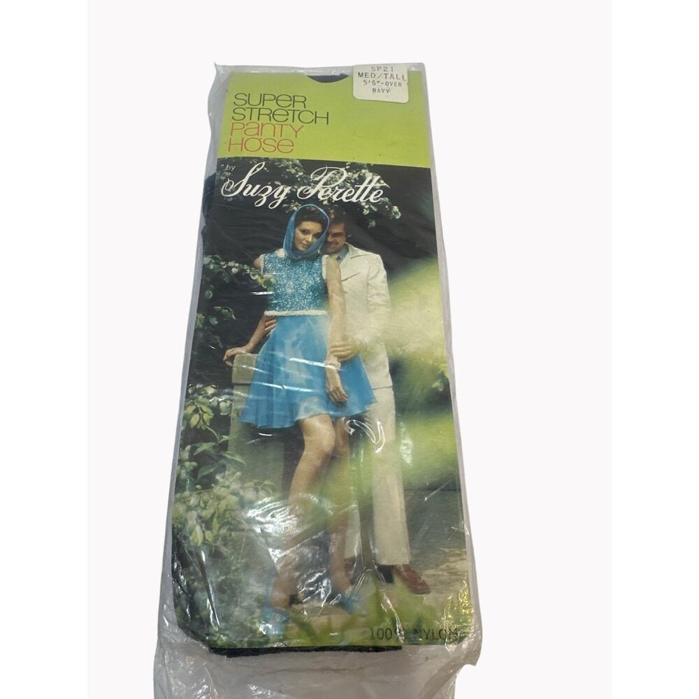 Suzy Perette Womens Size M Tall Super Stretch Pantyhose Navy 100 Percent Nylon